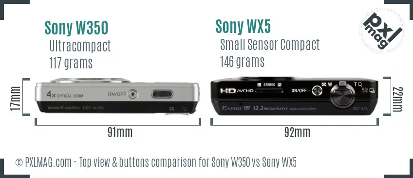 Sony W350 vs Sony WX5 top view buttons comparison