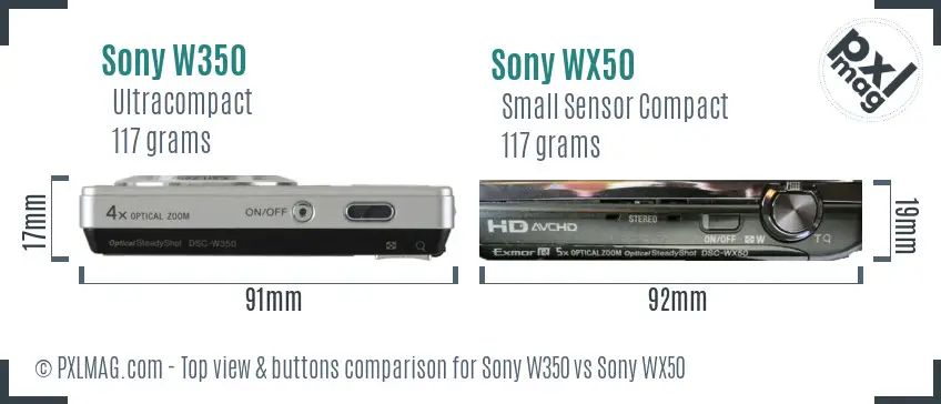Sony W350 vs Sony WX50 top view buttons comparison