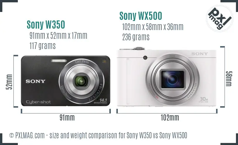 Sony W350 vs Sony WX500 size comparison