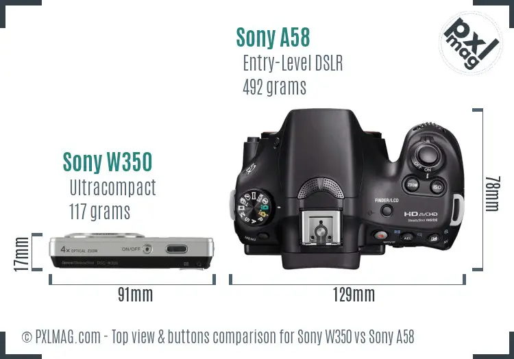 Sony W350 vs Sony A58 top view buttons comparison