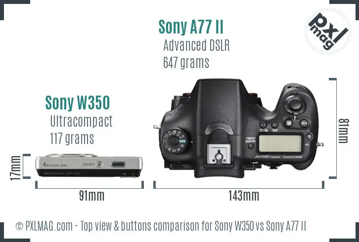 Sony W350 vs Sony A77 II top view buttons comparison