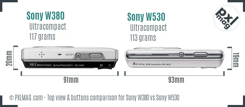 Sony W380 vs Sony W530 top view buttons comparison