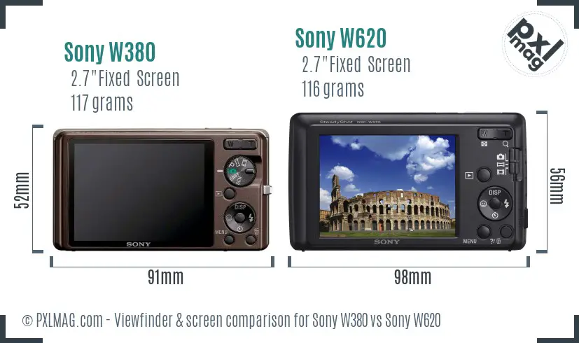 Sony W380 vs Sony W620 Screen and Viewfinder comparison