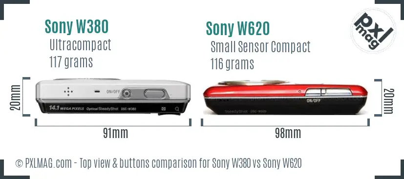 Sony W380 vs Sony W620 top view buttons comparison