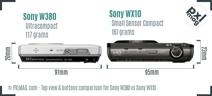 Sony W380 vs Sony WX10 top view buttons comparison