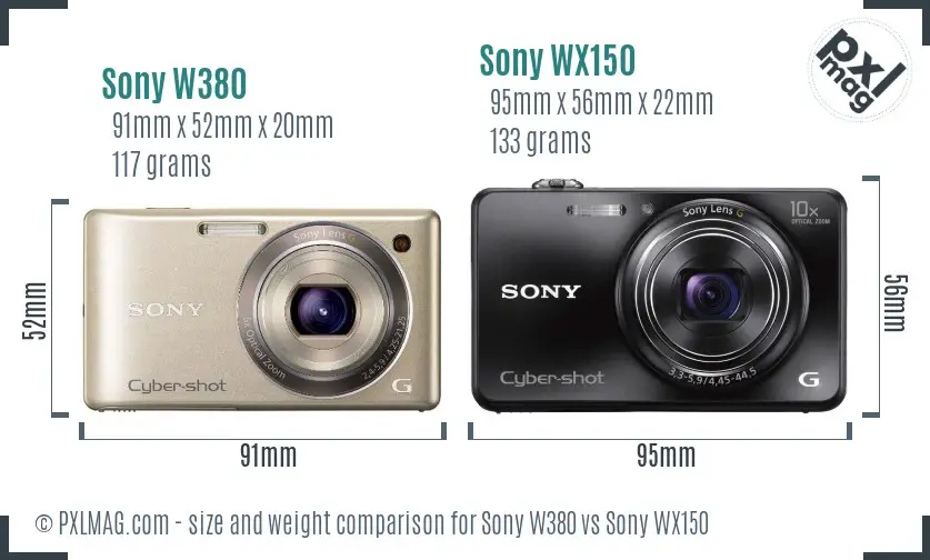 Sony W380 vs Sony WX150 size comparison