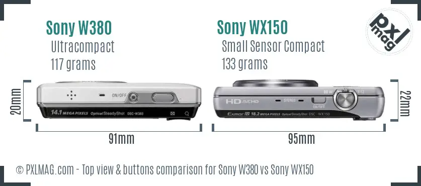 Sony W380 vs Sony WX150 top view buttons comparison
