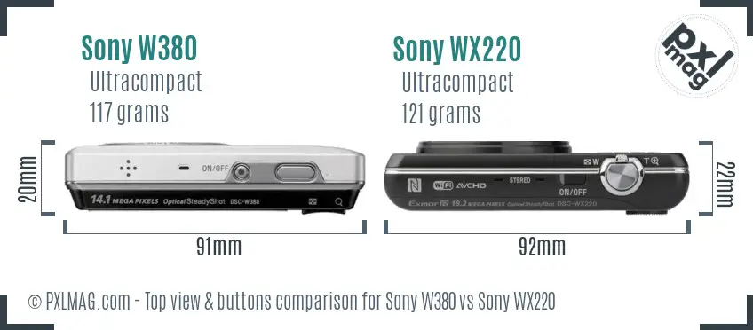 Sony W380 vs Sony WX220 top view buttons comparison