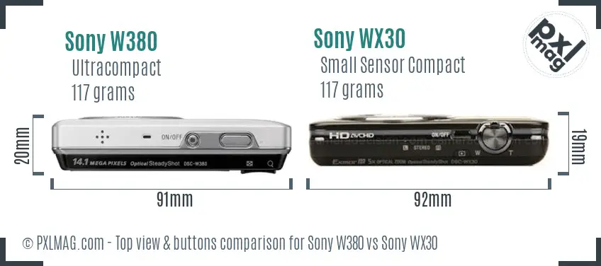 Sony W380 vs Sony WX30 top view buttons comparison