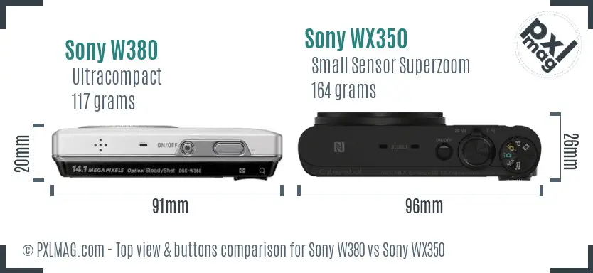 Sony W380 vs Sony WX350 top view buttons comparison