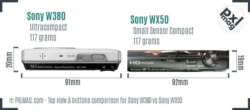 Sony W380 vs Sony WX50 top view buttons comparison