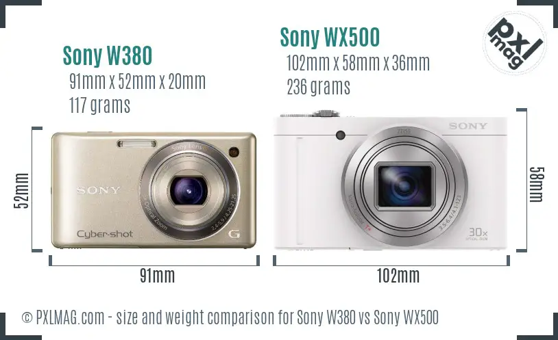 Sony W380 vs Sony WX500 size comparison