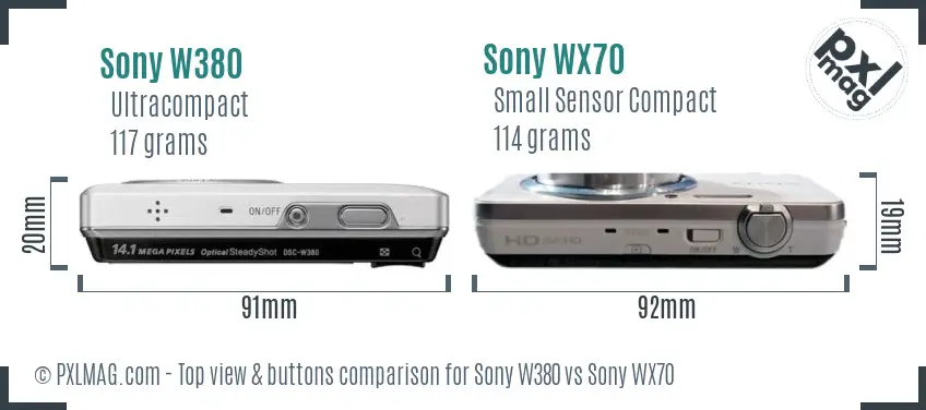 Sony W380 vs Sony WX70 top view buttons comparison