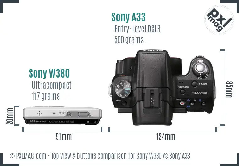 Sony W380 vs Sony A33 top view buttons comparison