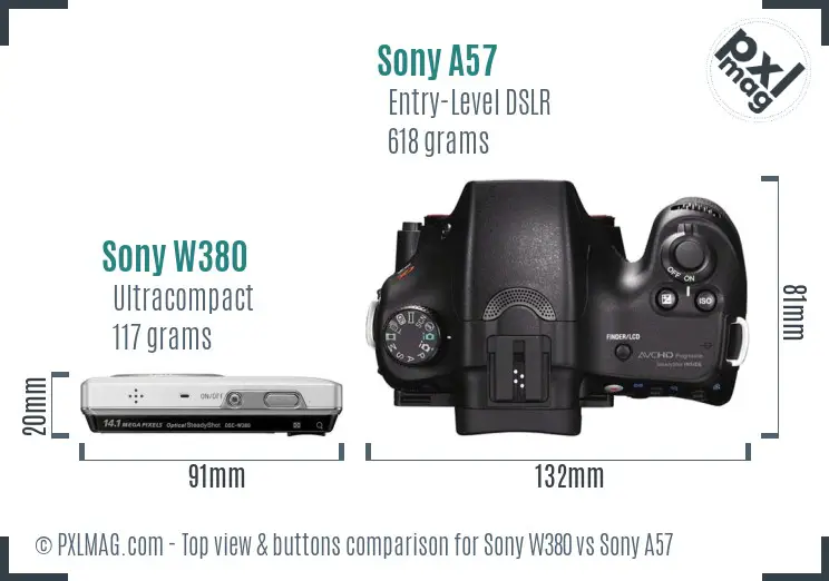 Sony W380 vs Sony A57 top view buttons comparison