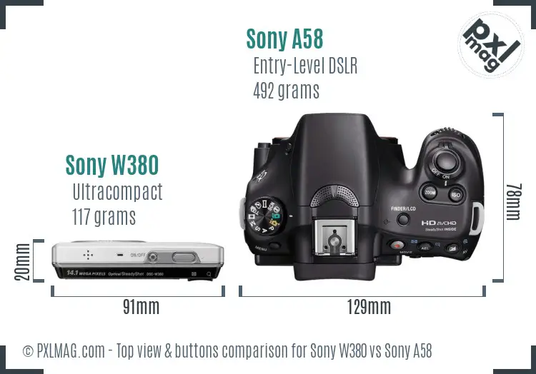 Sony W380 vs Sony A58 top view buttons comparison