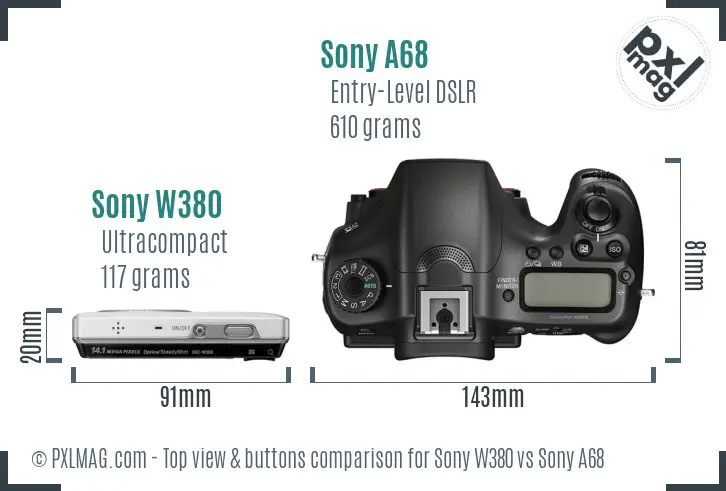 Sony W380 vs Sony A68 top view buttons comparison