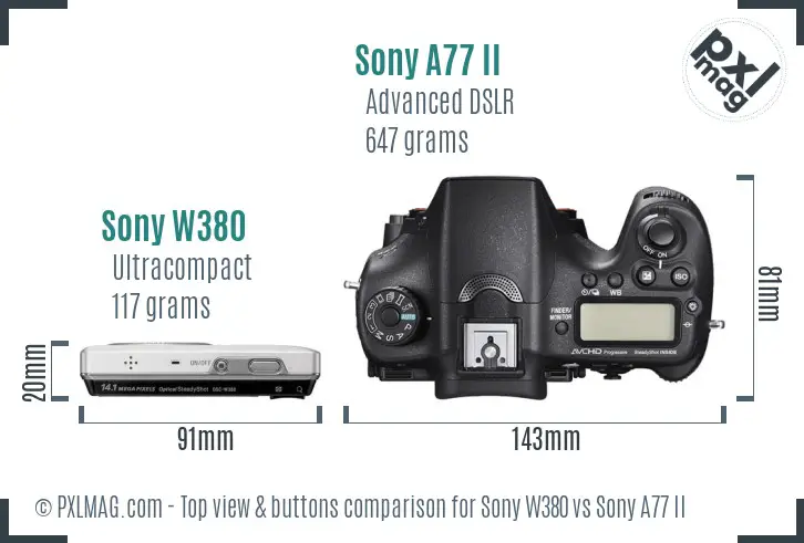 Sony W380 vs Sony A77 II top view buttons comparison