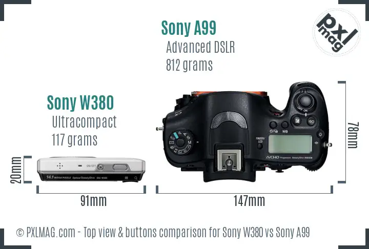 Sony W380 vs Sony A99 top view buttons comparison