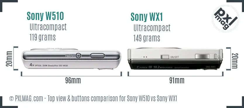 Sony W510 vs Sony WX1 top view buttons comparison