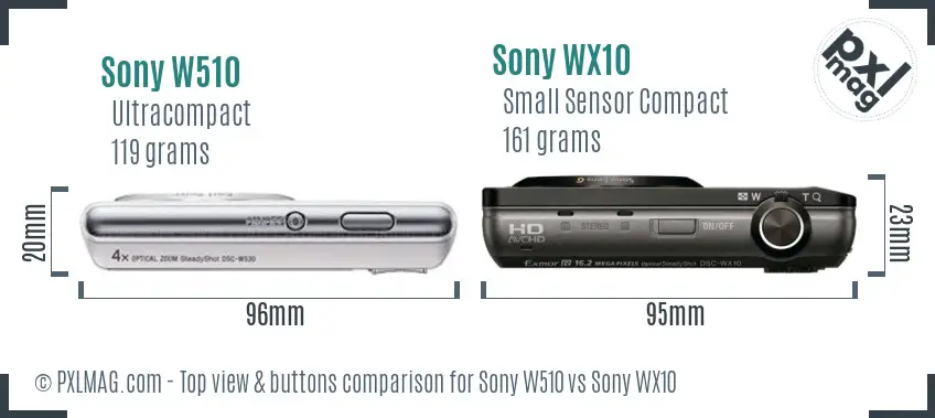 Sony W510 vs Sony WX10 top view buttons comparison