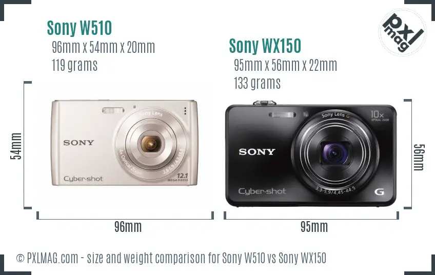 Sony W510 vs Sony WX150 size comparison