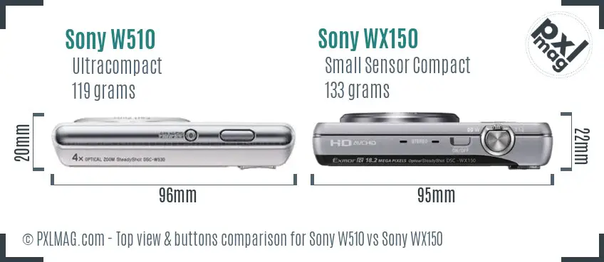 Sony W510 vs Sony WX150 top view buttons comparison
