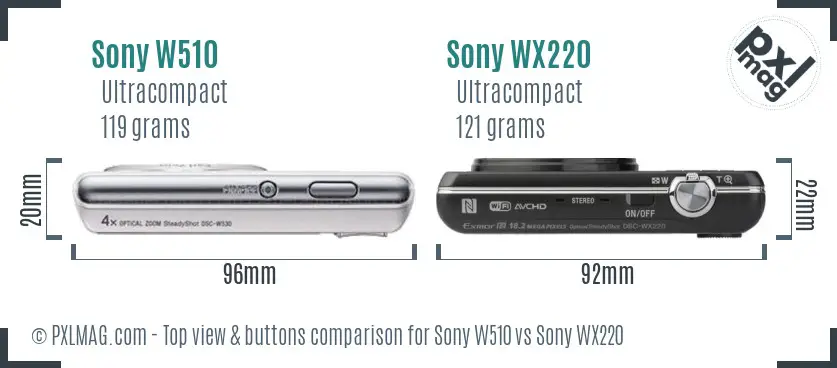 Sony W510 vs Sony WX220 top view buttons comparison