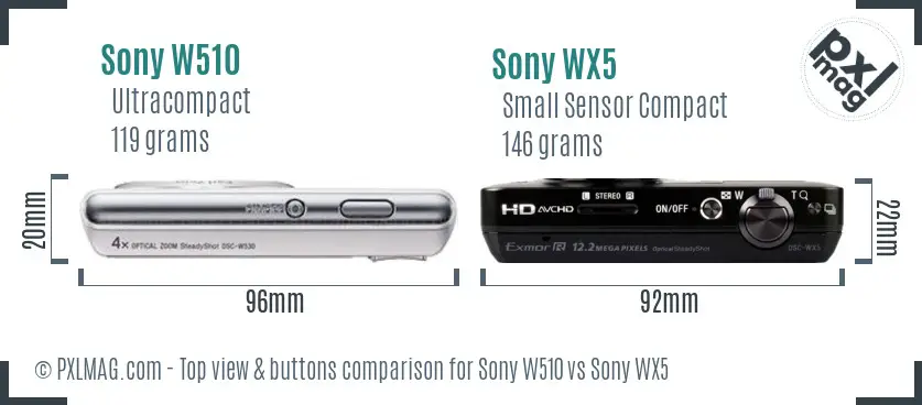 Sony W510 vs Sony WX5 top view buttons comparison