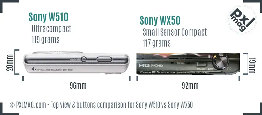 Sony W510 vs Sony WX50 top view buttons comparison