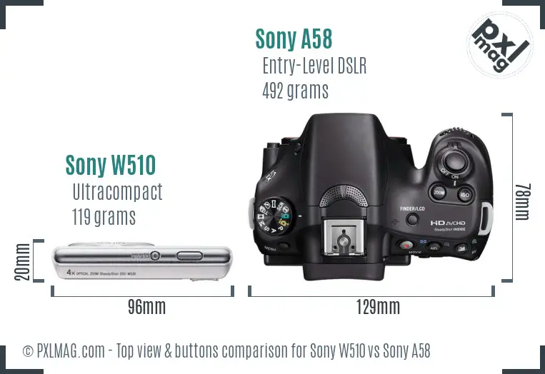 Sony W510 vs Sony A58 top view buttons comparison