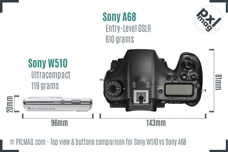Sony W510 vs Sony A68 top view buttons comparison