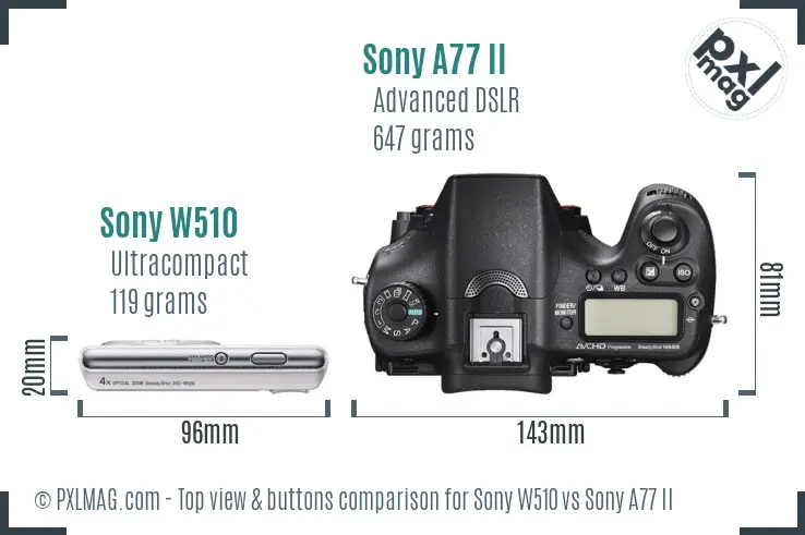 Sony W510 vs Sony A77 II top view buttons comparison