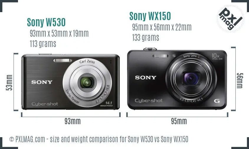 Sony W530 vs Sony WX150 size comparison
