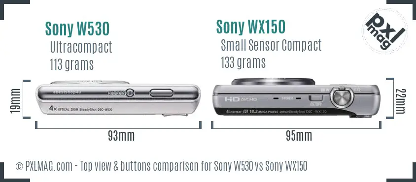 Sony W530 vs Sony WX150 top view buttons comparison