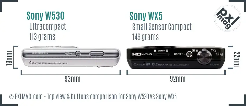 Sony W530 vs Sony WX5 top view buttons comparison