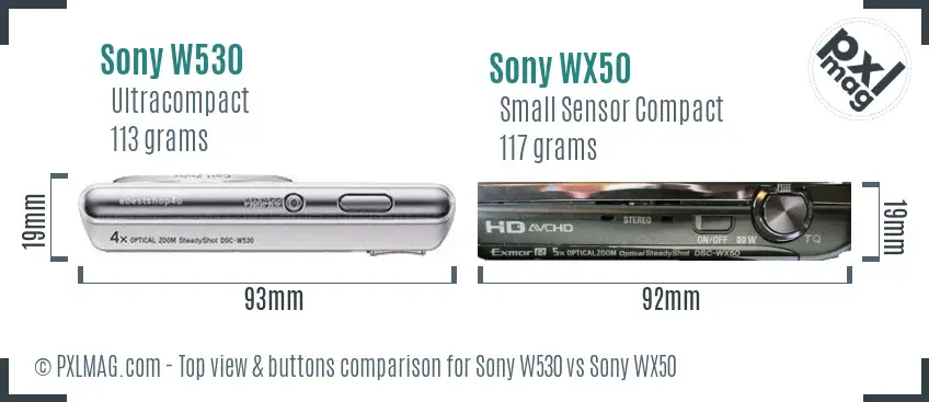 Sony W530 vs Sony WX50 top view buttons comparison