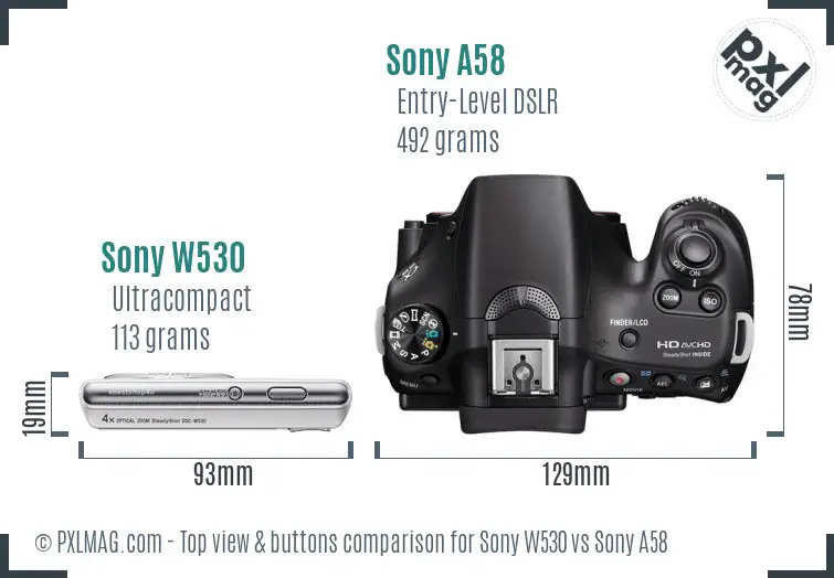 Sony W530 vs Sony A58 top view buttons comparison