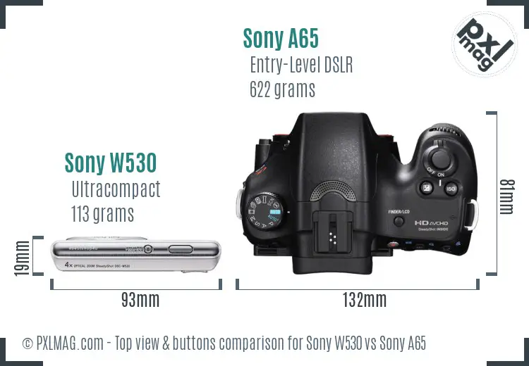 Sony W530 vs Sony A65 top view buttons comparison