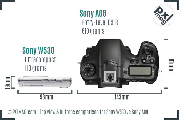 Sony W530 vs Sony A68 top view buttons comparison