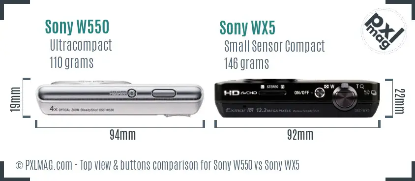 Sony W550 vs Sony WX5 top view buttons comparison