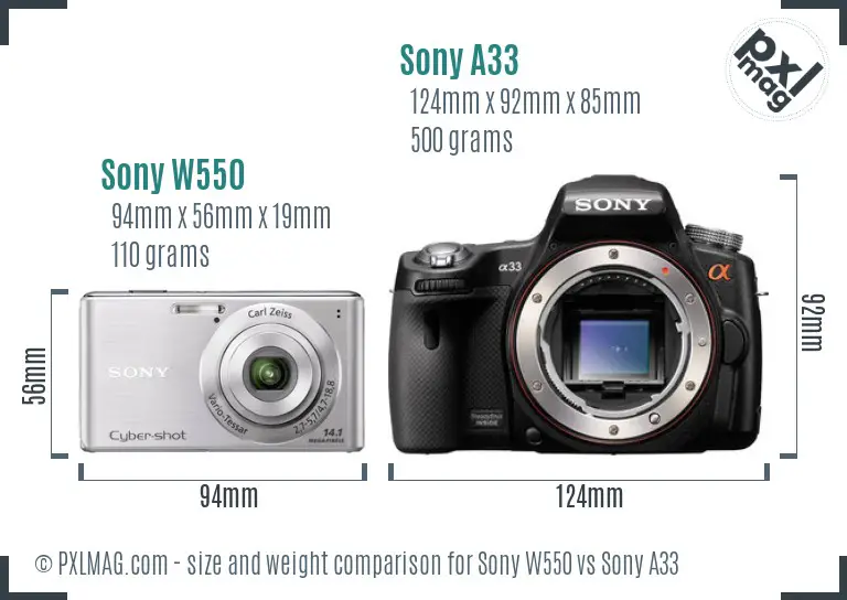Sony W550 vs Sony A33 size comparison
