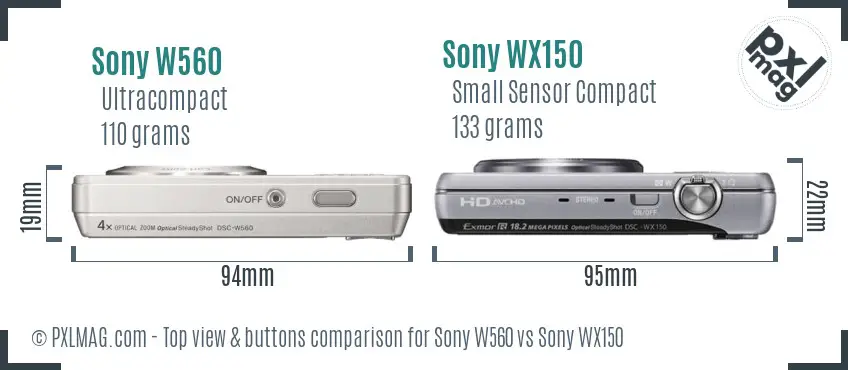 Sony W560 vs Sony WX150 top view buttons comparison