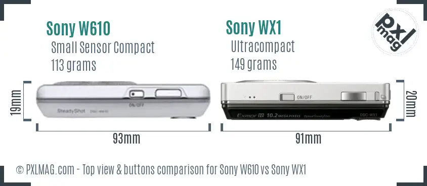 Sony W610 vs Sony WX1 top view buttons comparison