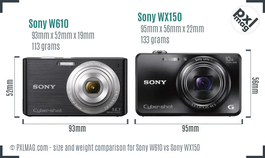 Sony W610 vs Sony WX150 size comparison