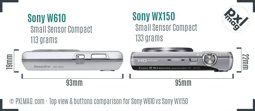 Sony W610 vs Sony WX150 top view buttons comparison