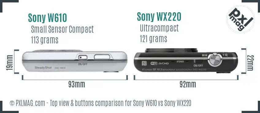 Sony W610 vs Sony WX220 top view buttons comparison