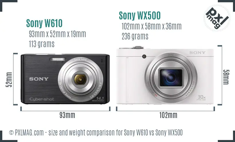 Sony W610 vs Sony WX500 size comparison