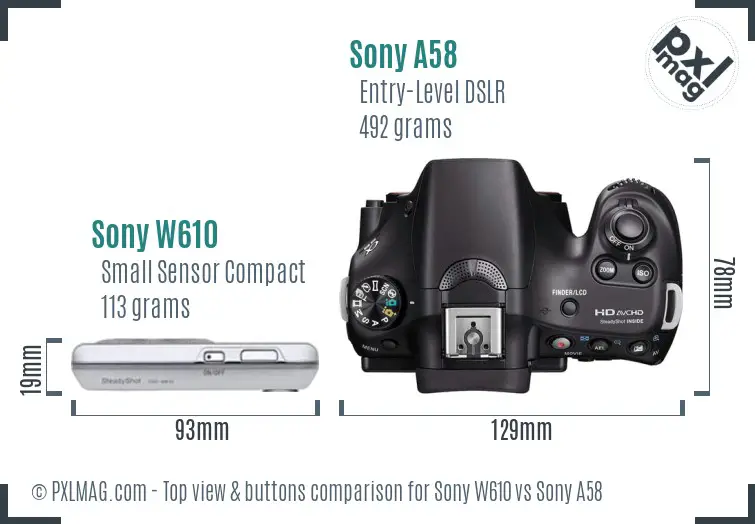 Sony W610 vs Sony A58 top view buttons comparison