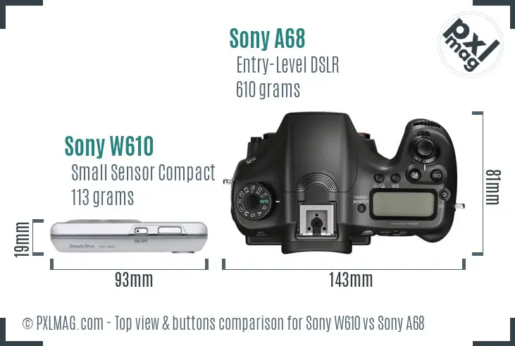 Sony W610 vs Sony A68 top view buttons comparison